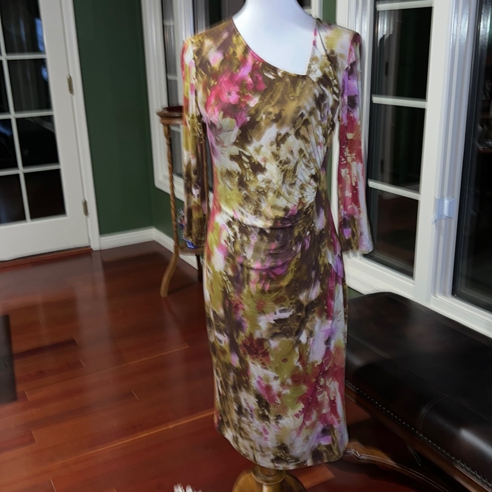 Lafayette 148 New York Dress Asymmetrical Neckline Size 8 Midi Abstract floral